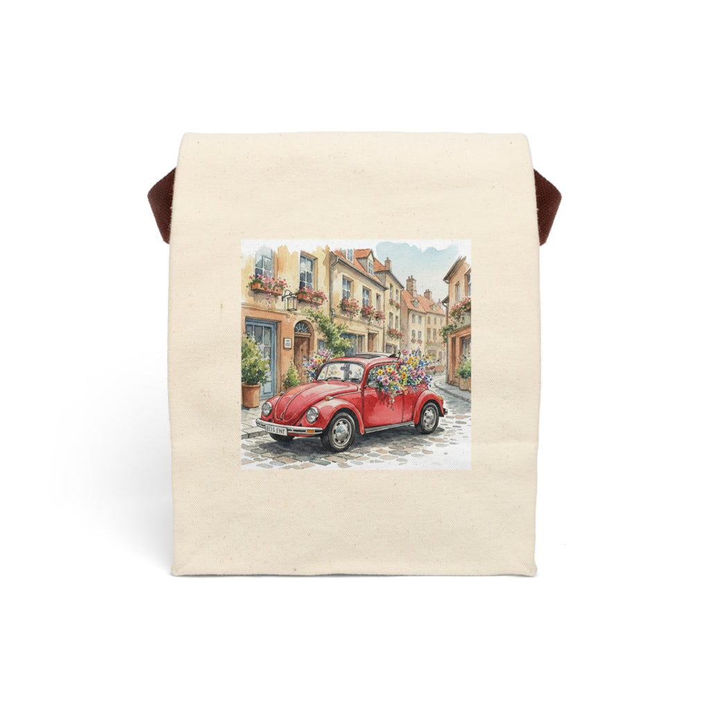 watercolor European street scene canvas lunch tote red car aesthetic lunchtime
