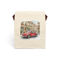 watercolor European street scene canvas lunch tote red car aesthetic lunchtime