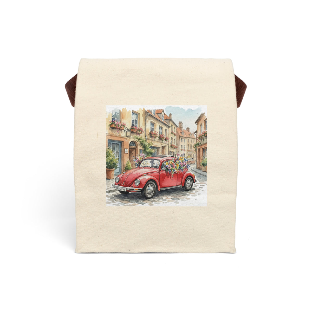 watercolor European street scene canvas lunch tote red car aesthetic lunchtime
