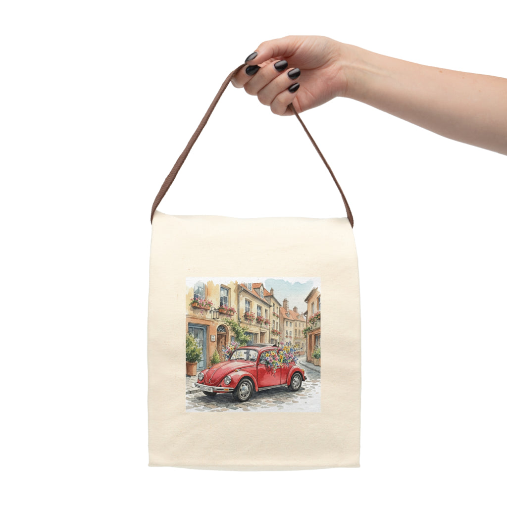 watercolor European street scene canvas lunch tote red car aesthetic lunchtime