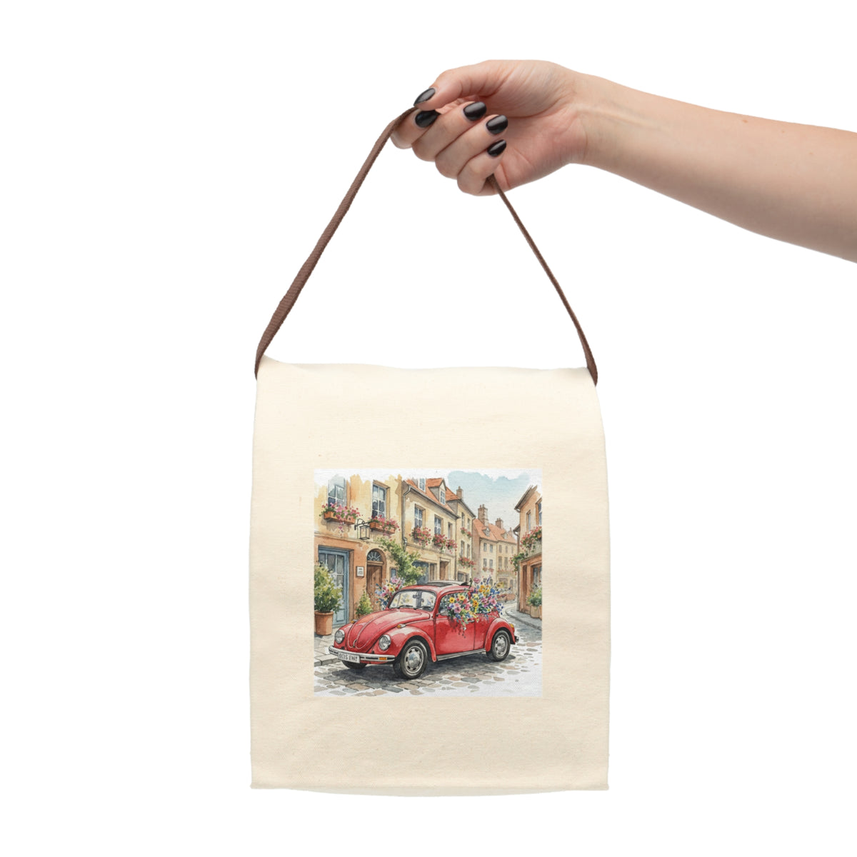 watercolor European street scene canvas lunch tote red car aesthetic lunchtime