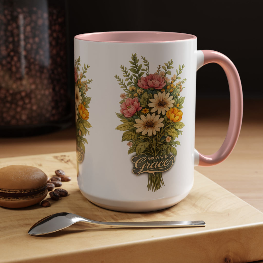floral ceramic coffee cup pink inner and handle botanical garden gift 11oz 15oz