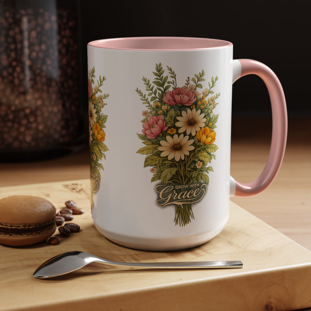 floral ceramic coffee cup pink inner and handle botanical garden gift 11oz 15oz