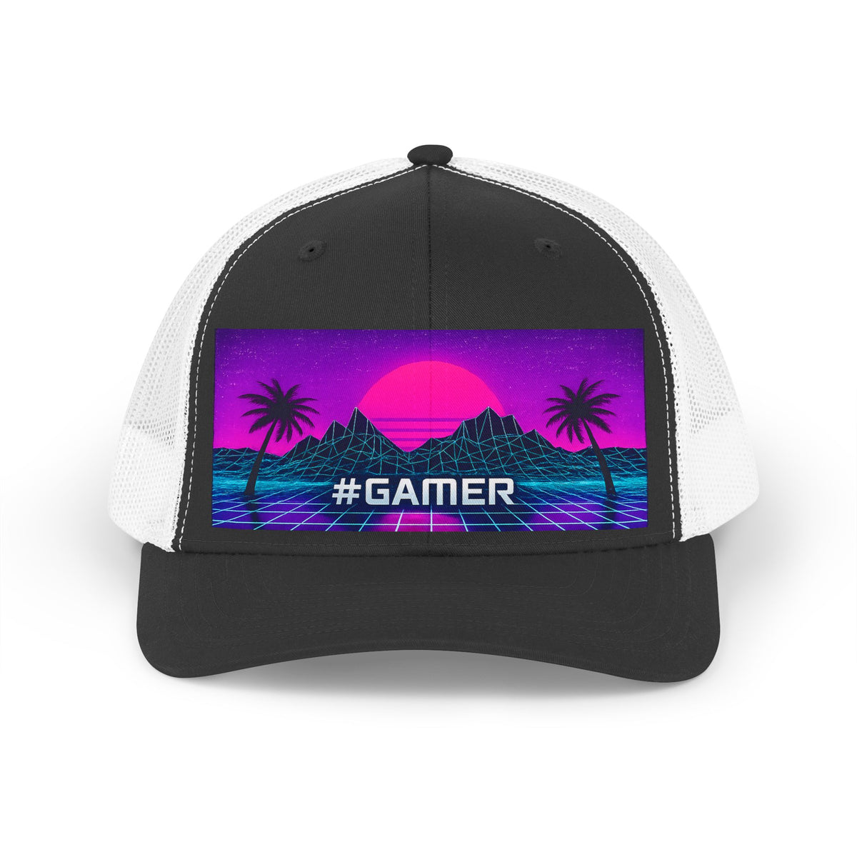 #GAMER Retro Sunset Trucker Hat | Vaporwave Palm Trees | 2 colors available