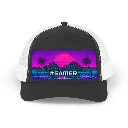 #GAMER Retro Sunset Trucker Hat | Vaporwave Palm Trees | 2 colors available