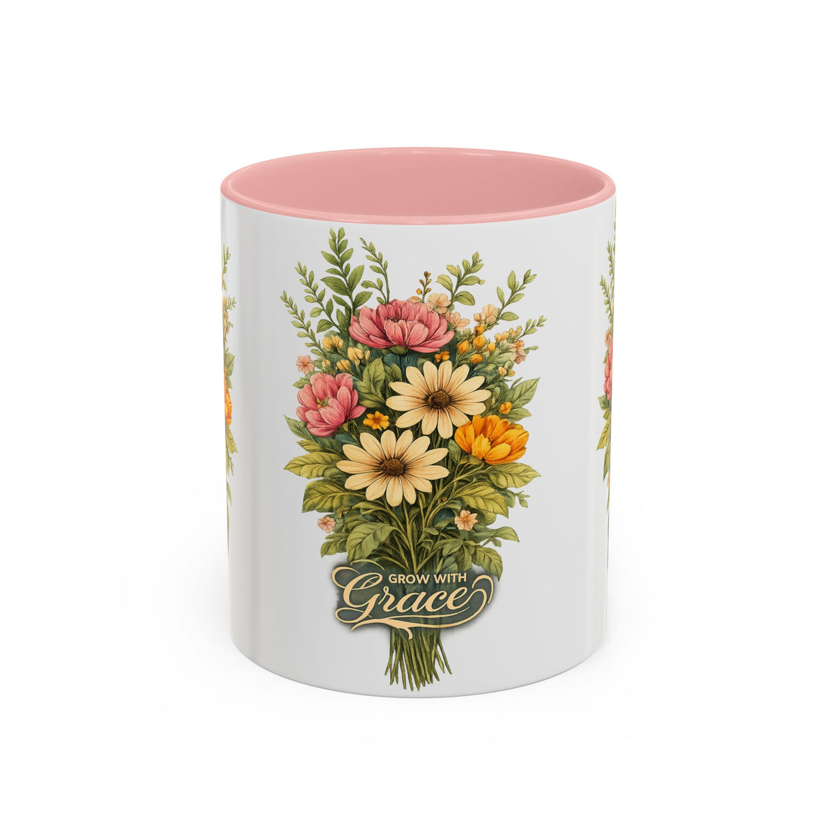 floral ceramic coffee cup pink inner and handle botanical garden gift 11oz 15oz