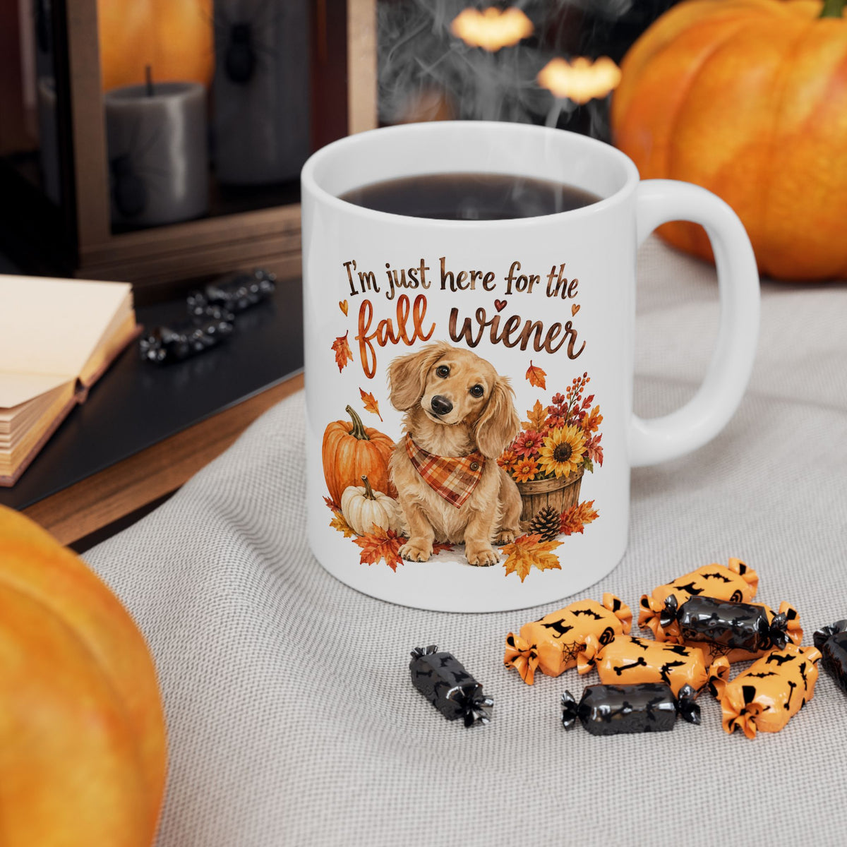 Funny Dachshund fall mug- "I'm just here for the fall...." Autumn coffee cup