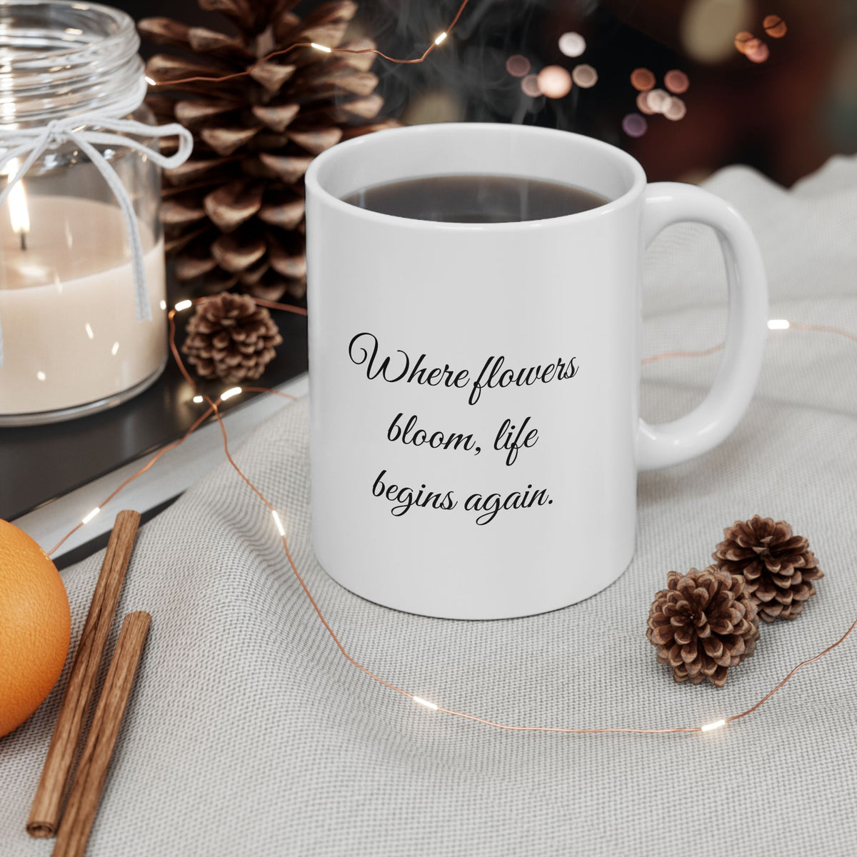 Vintage Volkswagen beetle flower mug black white where flowers bloom quote cup
