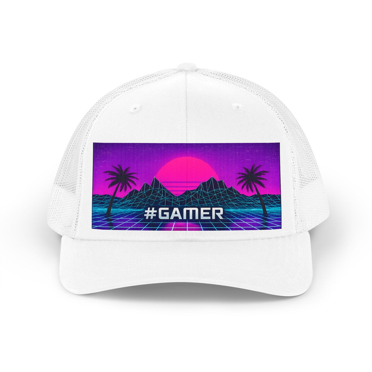 #GAMER Retro Sunset Trucker Hat | Vaporwave Palm Trees | 2 colors available