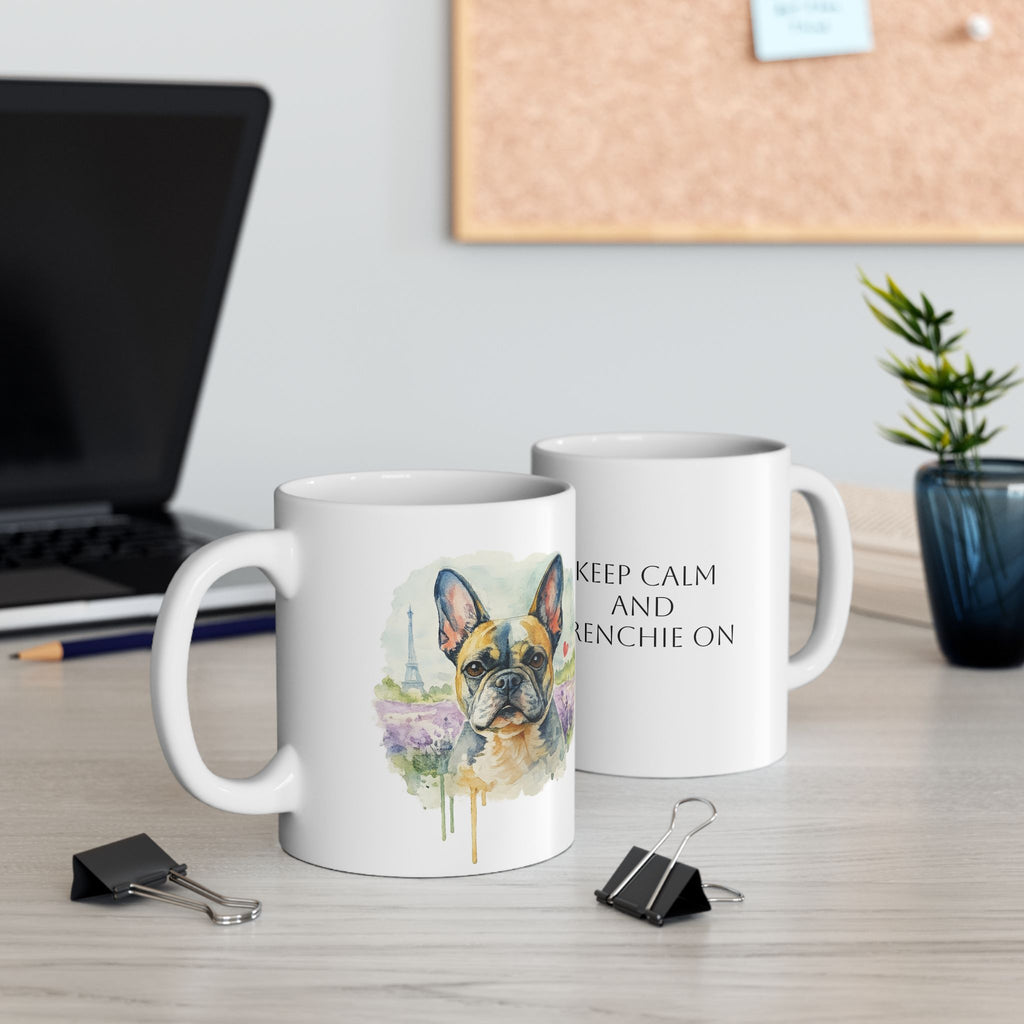 Keep Calm and Frenchie On Mug | French Bulldog Watercolor Ceramic | 11oz 15oz