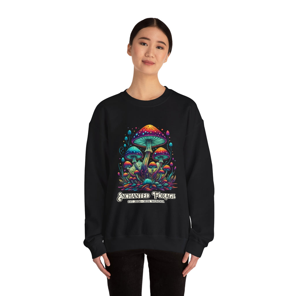 Enchanted Forage Colorful Mushrooms sweatshirt neon Psychedelic Fungi Art