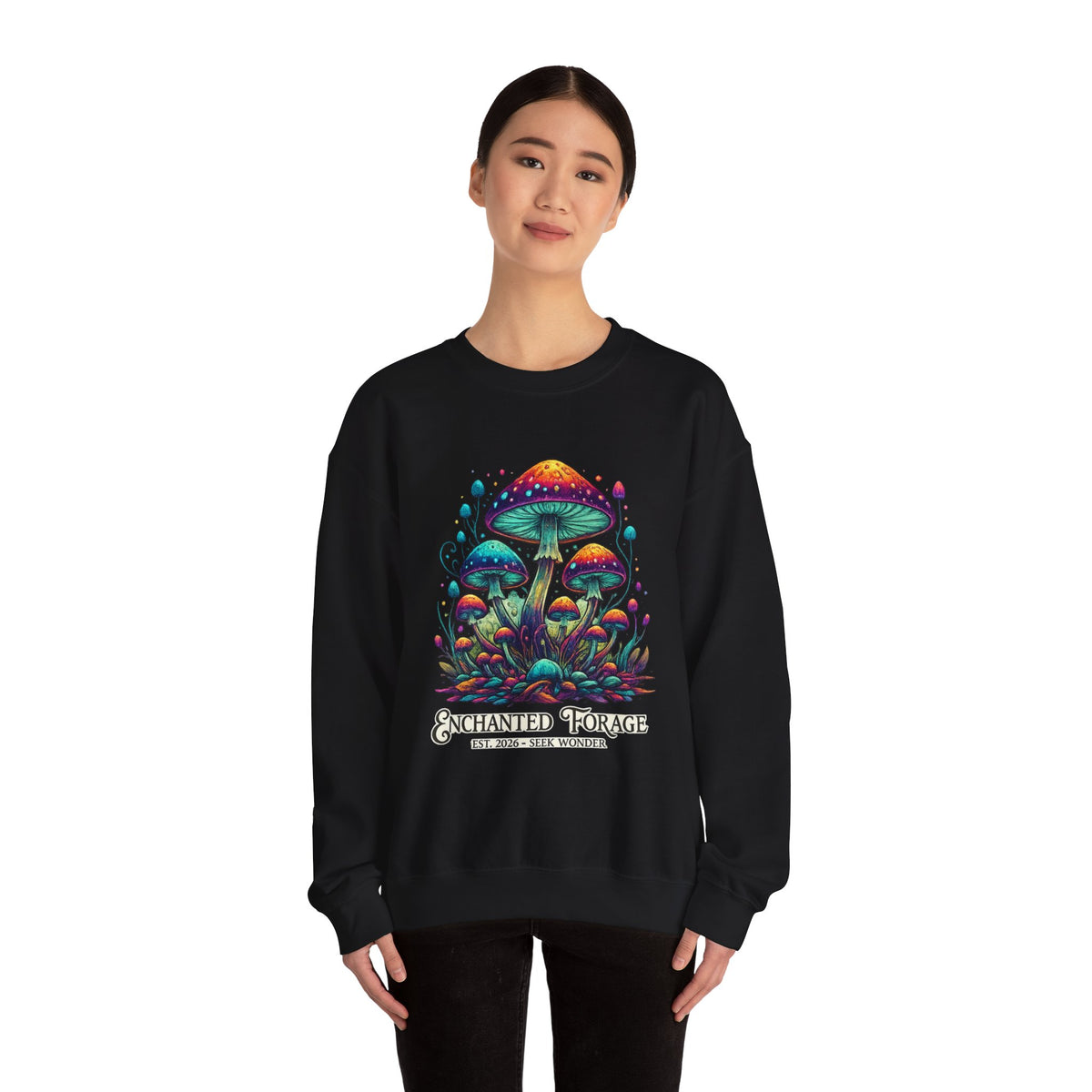 Enchanted Forage Colorful Mushrooms sweatshirt neon Psychedelic Fungi Art