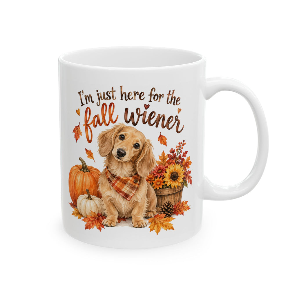Funny Dachshund fall mug- "I'm just here for the fall...." Autumn coffee cup