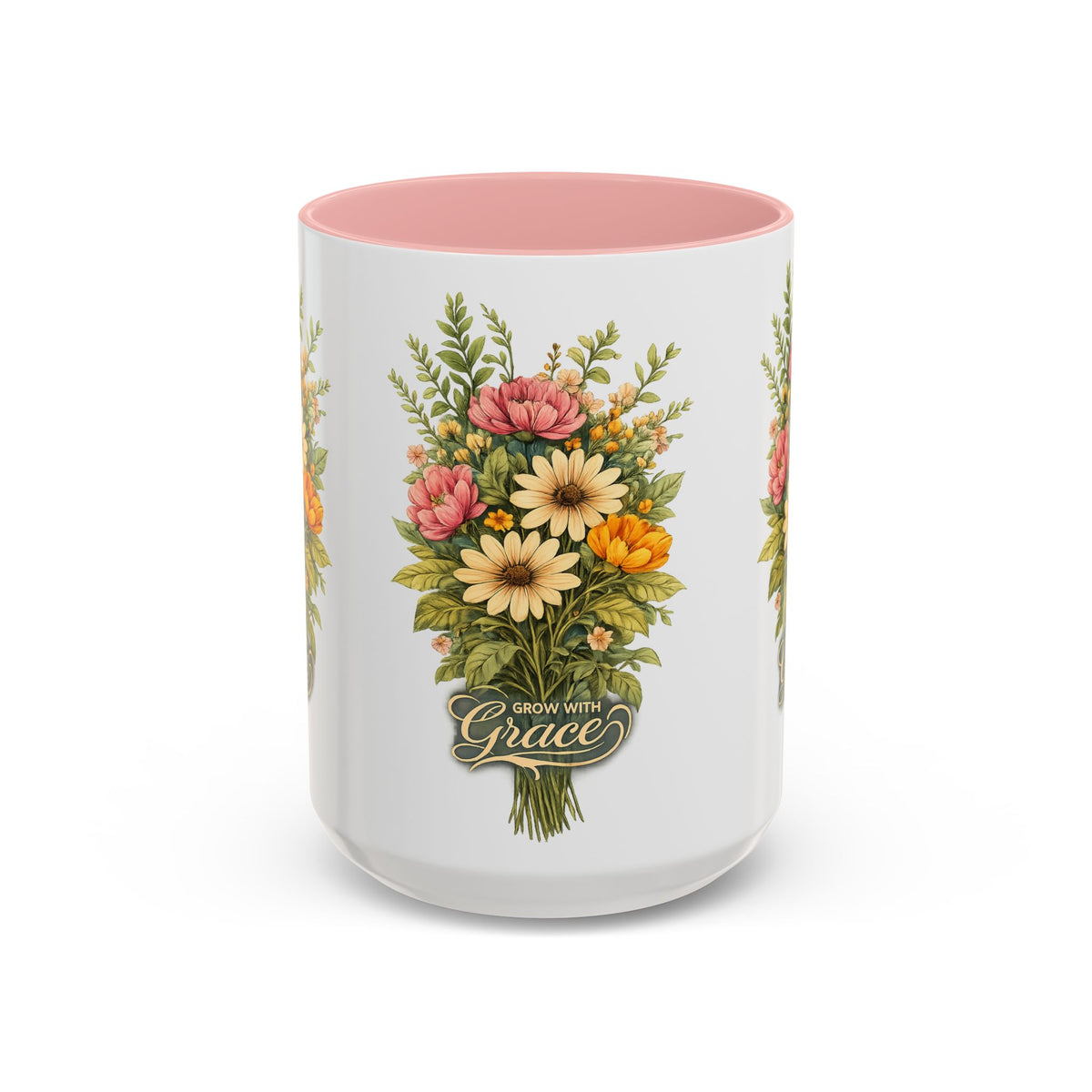 floral ceramic coffee cup pink inner and handle botanical garden gift 11oz 15oz
