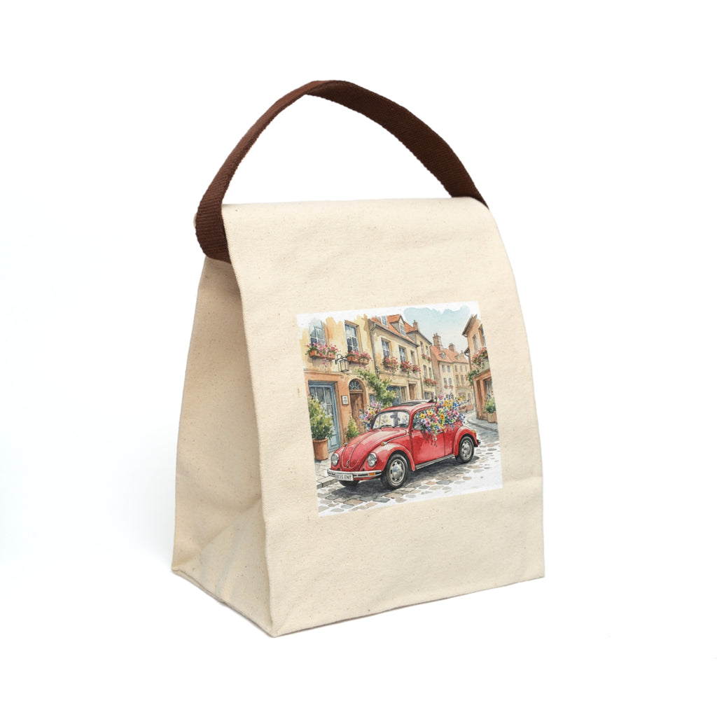 watercolor European street scene canvas lunch tote red car aesthetic lunchtime