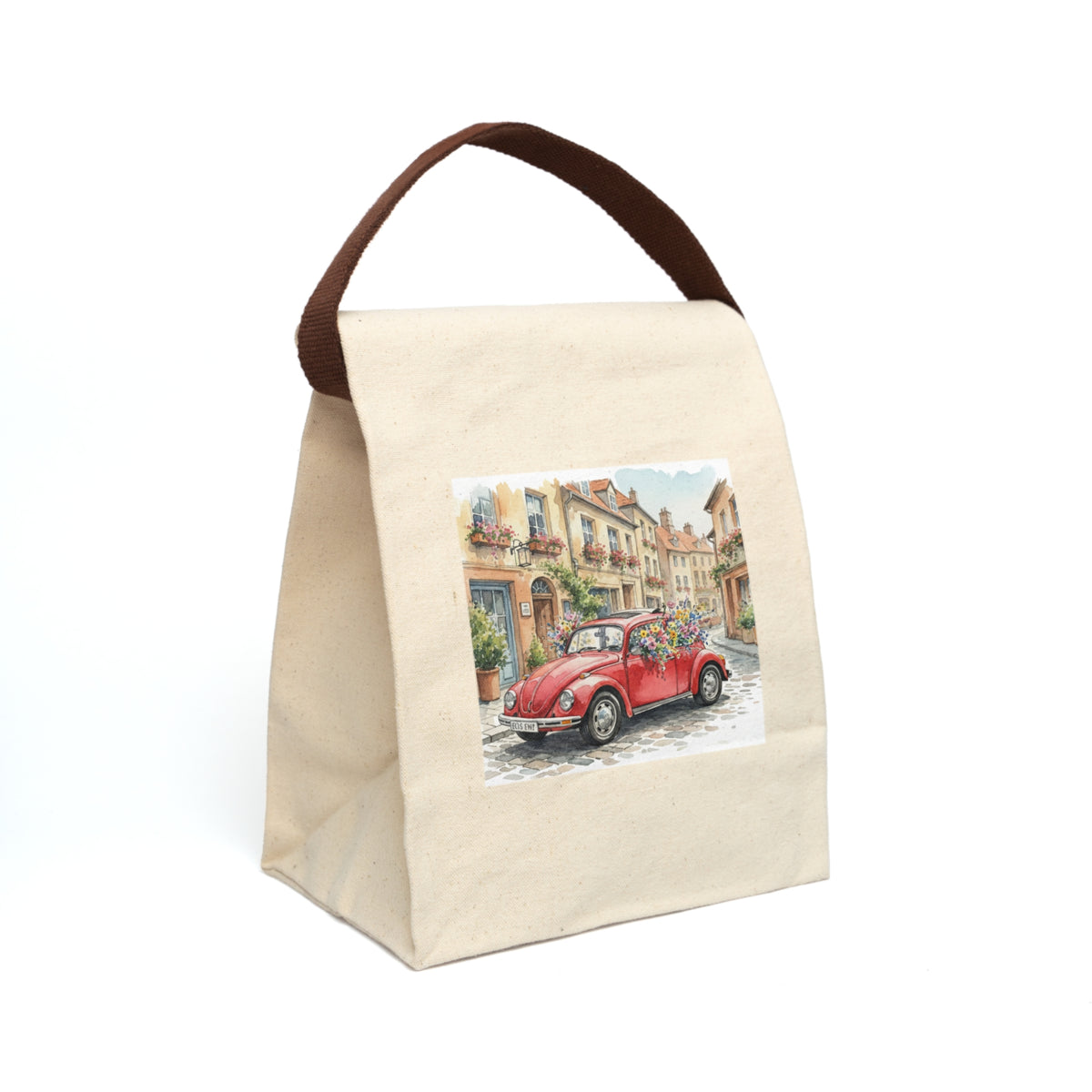 watercolor European street scene canvas lunch tote red car aesthetic lunchtime