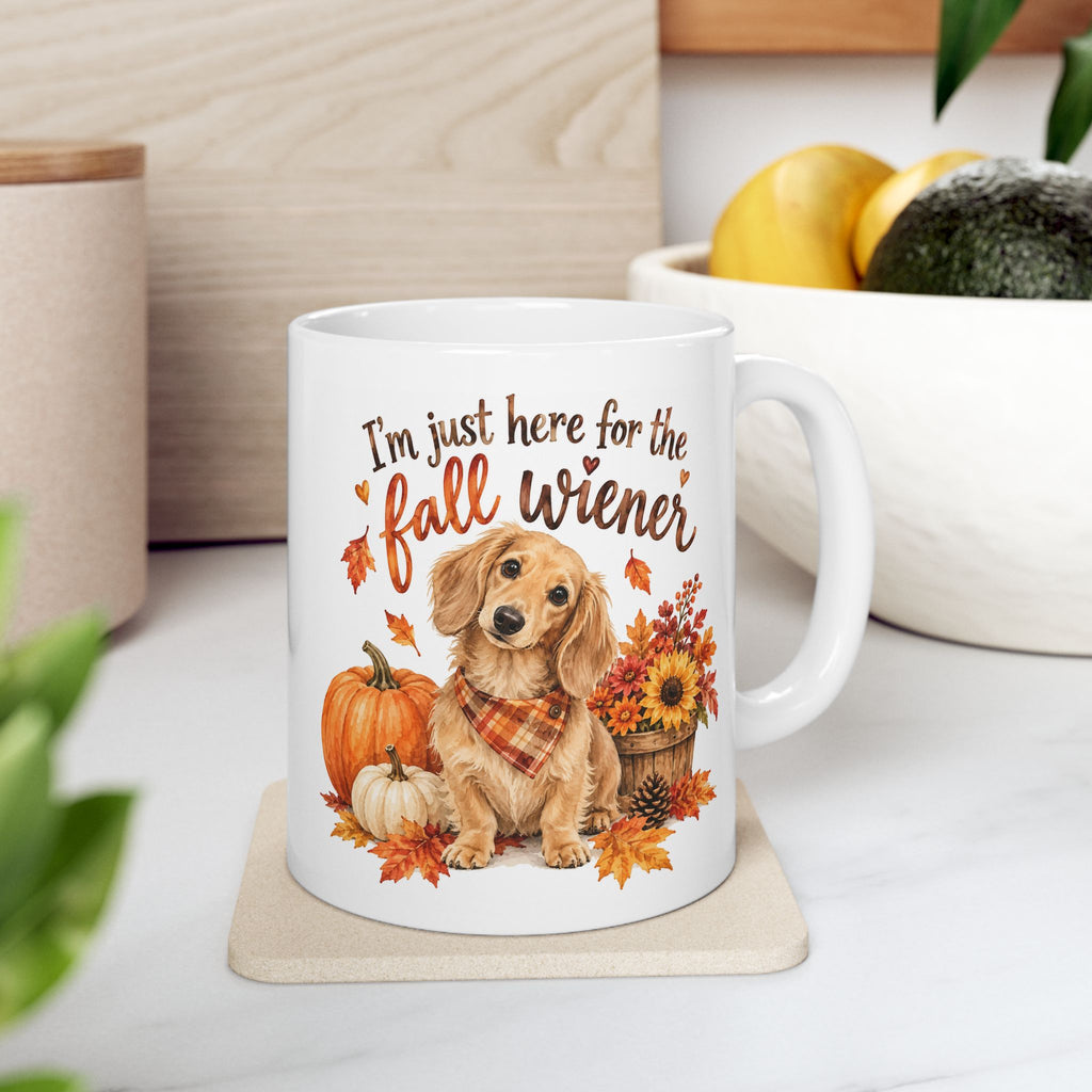 Funny Dachshund fall mug- "I'm just here for the fall...." Autumn coffee cup