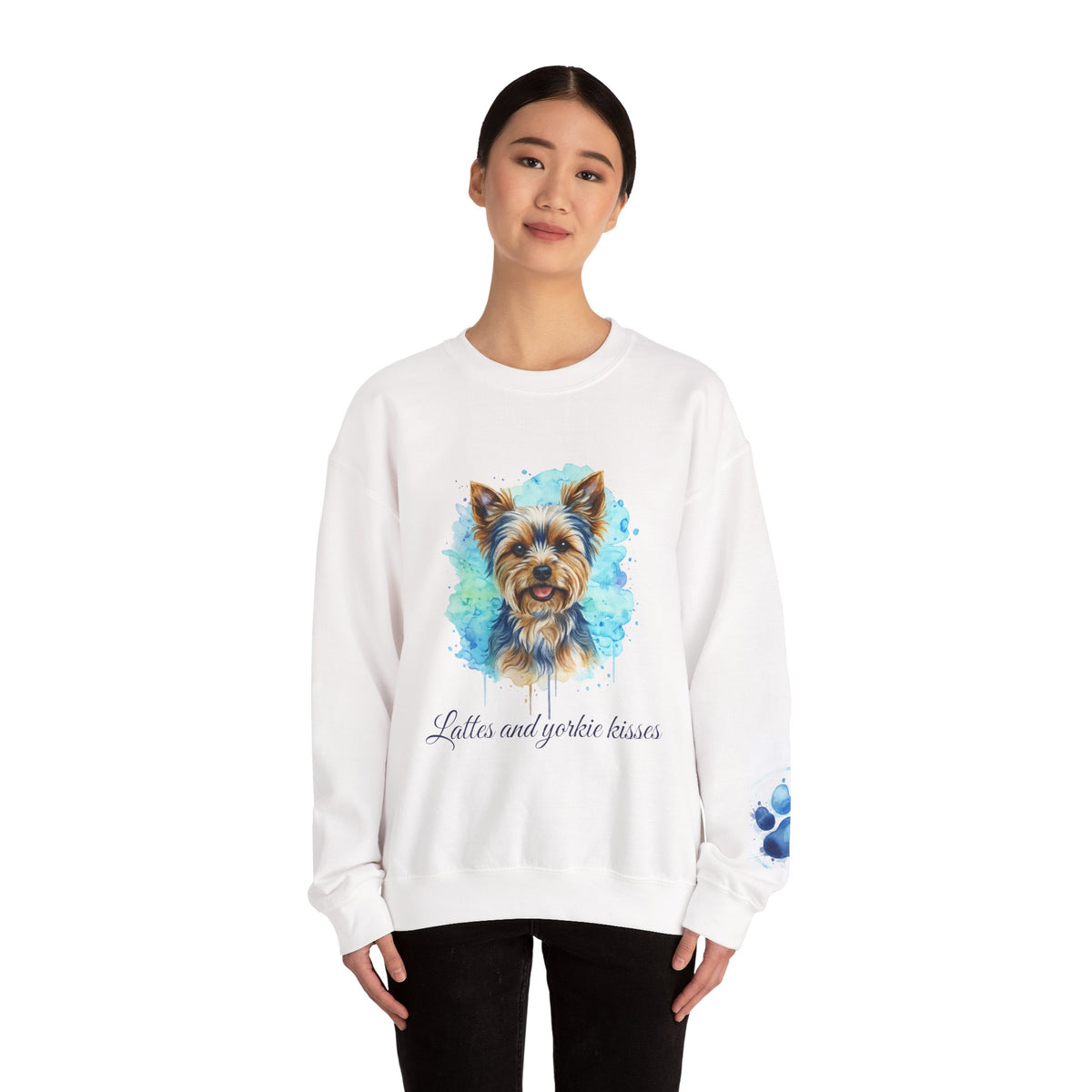 Yorkie watercolor sweatshirt lattes and yorkie kisses dog mom dad pullover