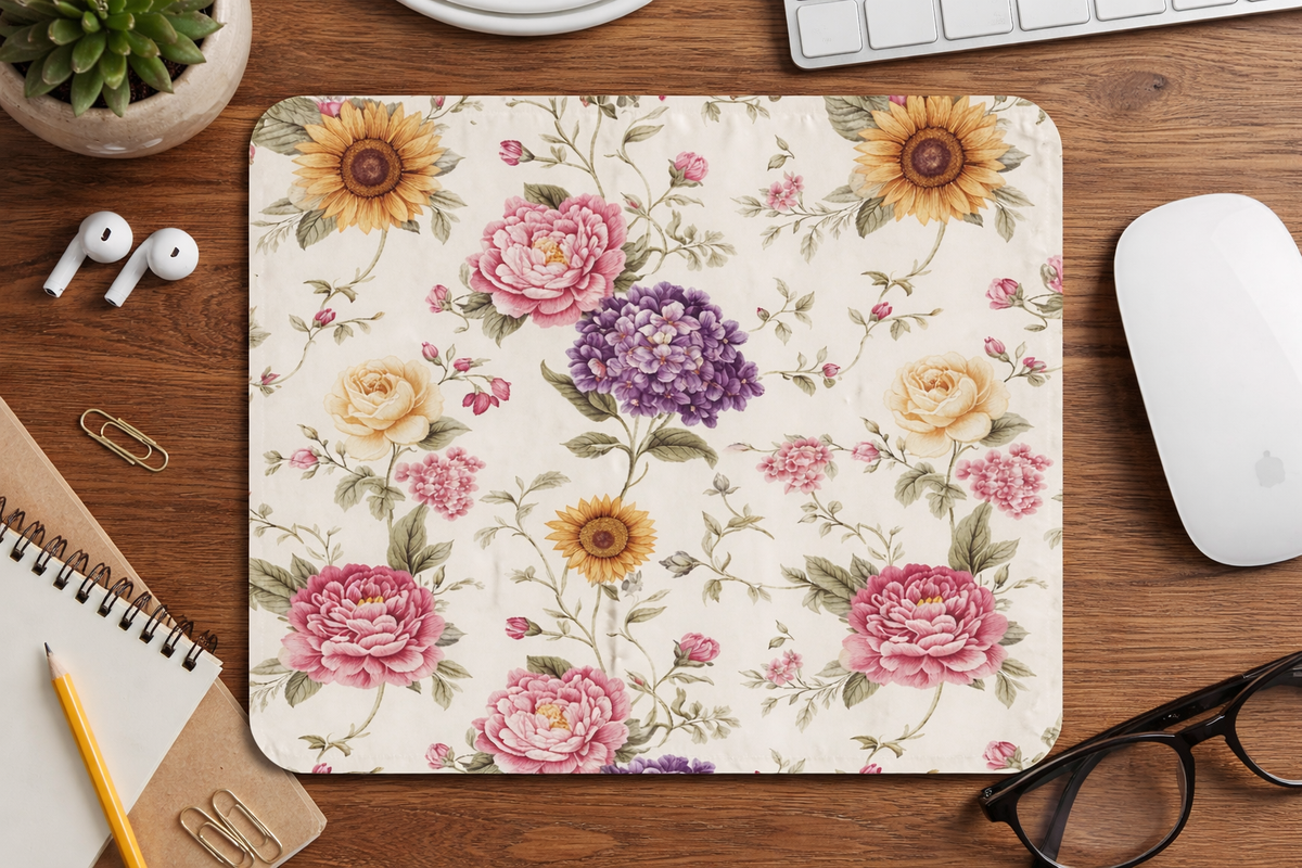 Vintage style Floral Pattern Mouse Pad | Rose Sunflower Hydrangea