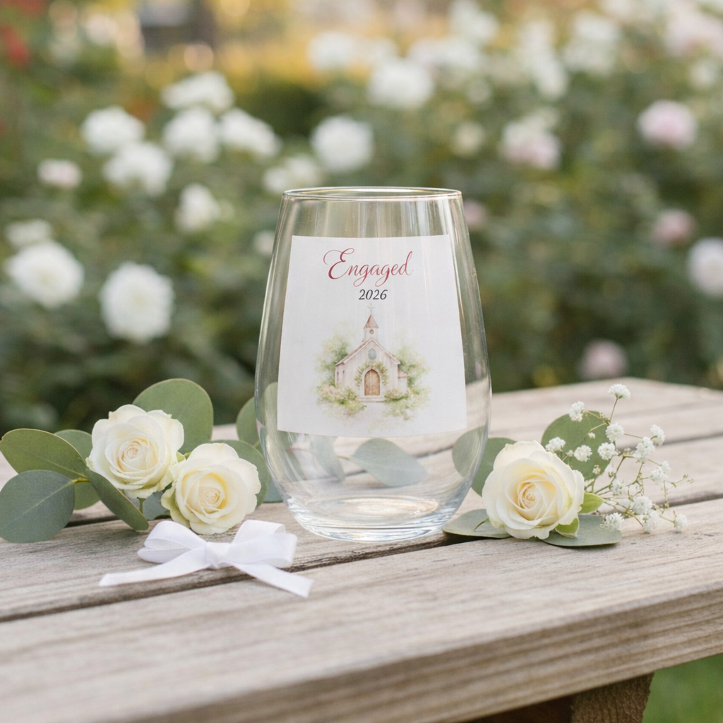 Engaged 2026 Watercolor chapel I'm gonna love you forever Amen quote wine glass