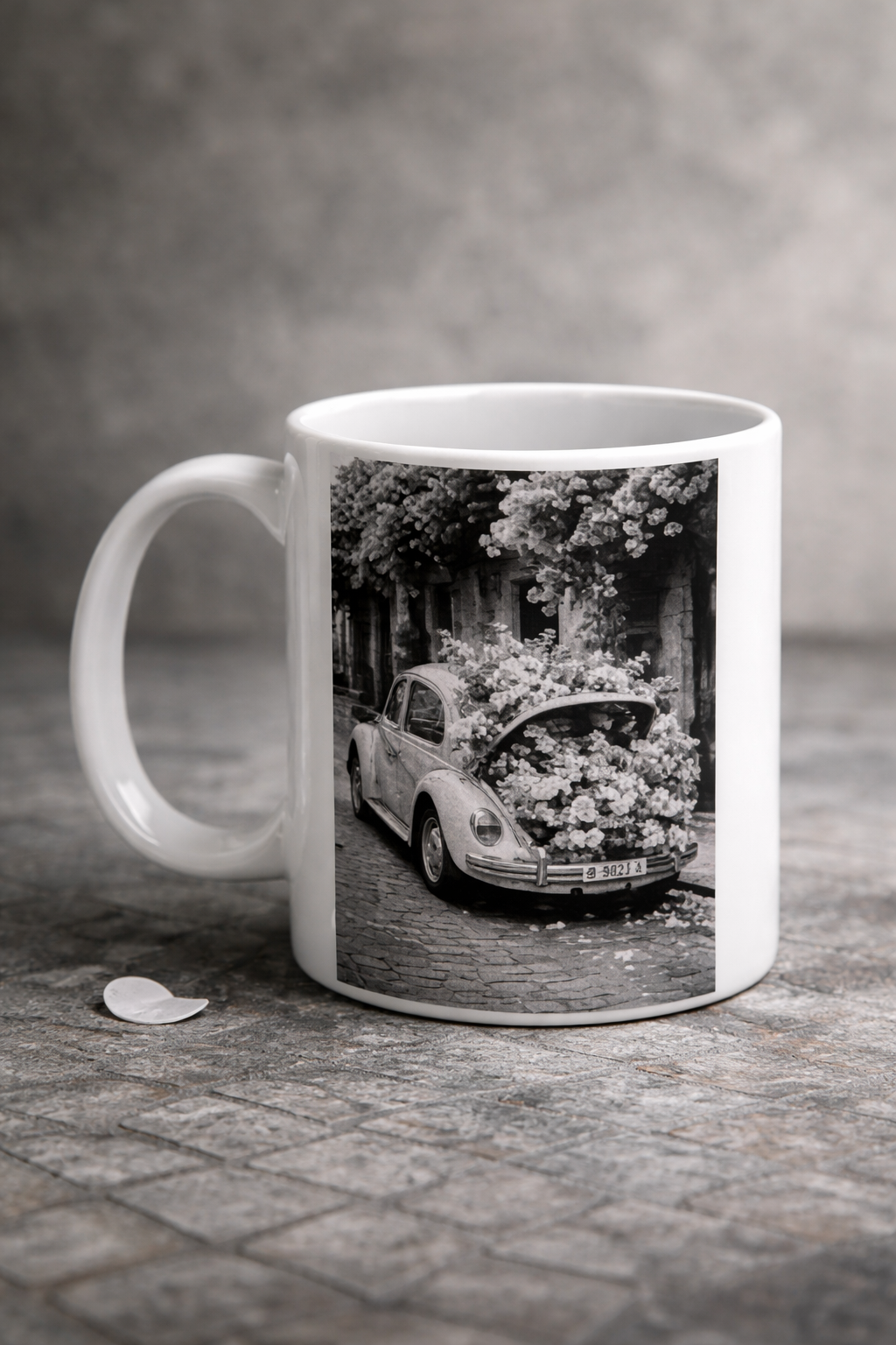 Vintage Volkswagen beetle flower mug black white where flowers bloom quote cup