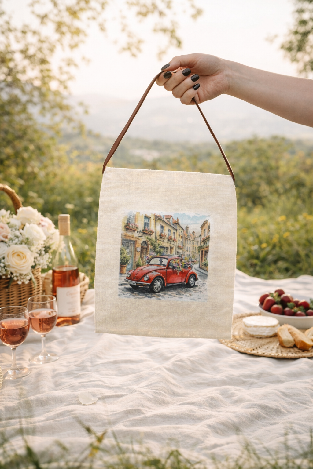 watercolor European street scene canvas lunch tote red car aesthetic lunchtime