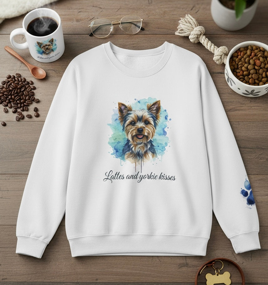 Yorkie watercolor sweatshirt lattes and yorkie kisses dog mom dad pullover
