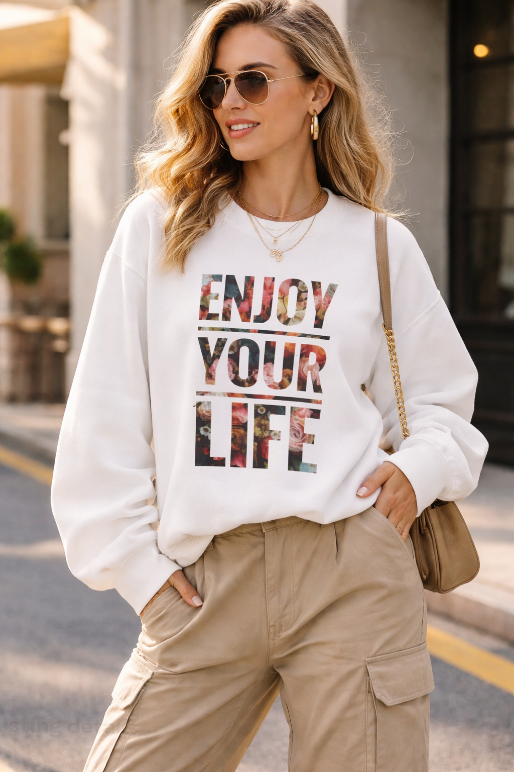 Enjoy your life floral graphic sweatshirt crewneck pullover cozy casual top