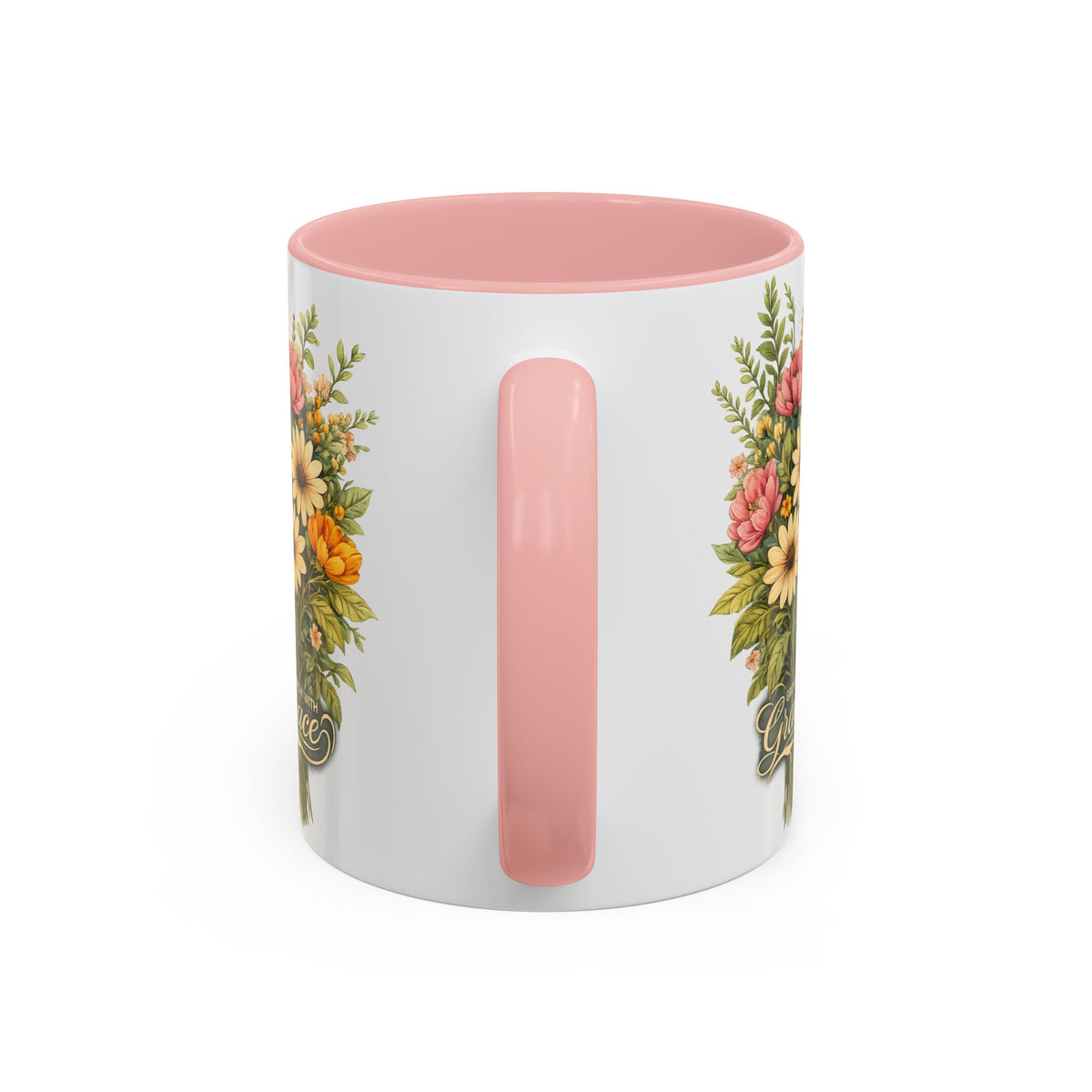 floral ceramic coffee cup pink inner and handle botanical garden gift 11oz 15oz