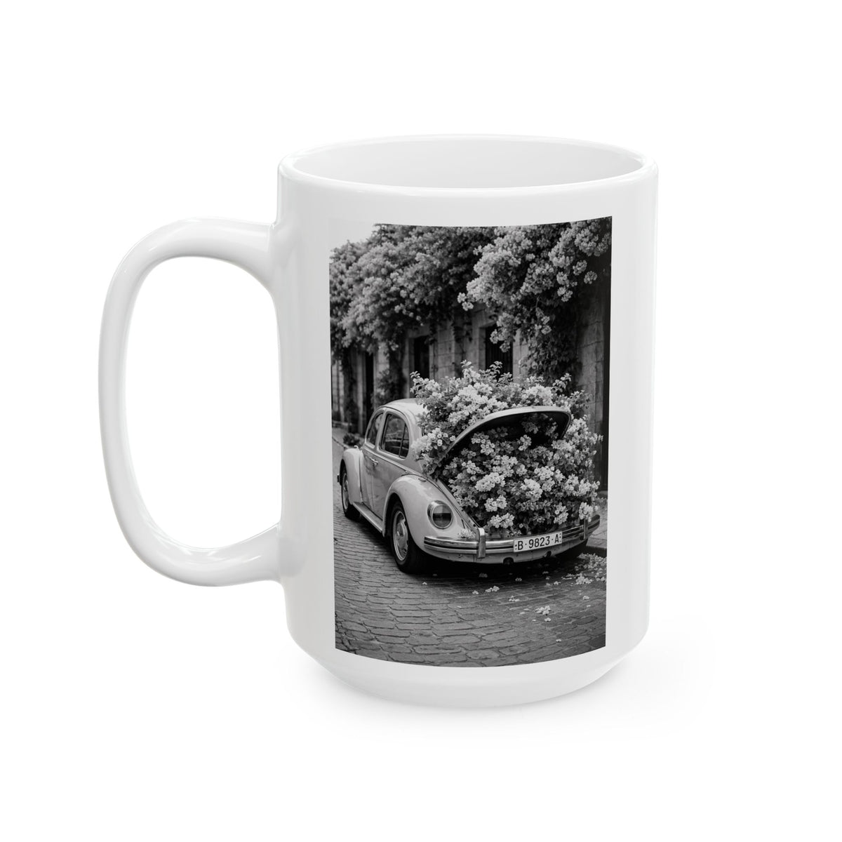 Vintage Volkswagen beetle flower mug black white where flowers bloom quote cup