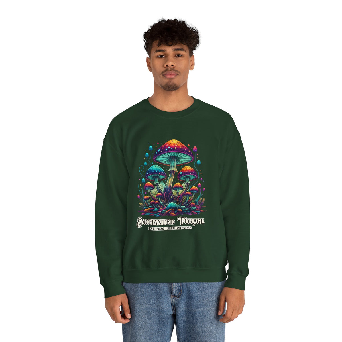 Enchanted Forage Colorful Mushrooms sweatshirt neon Psychedelic Fungi Art
