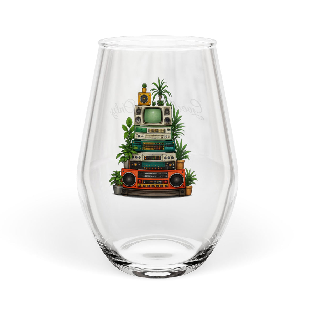 Good Vibes Only stemless wine glass 11.75oz retro boombox plant art gift