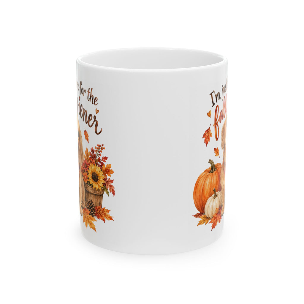 Funny Dachshund fall mug- "I'm just here for the fall...." Autumn coffee cup