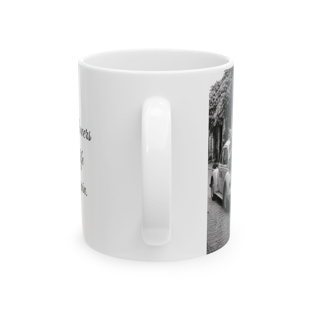 Vintage Volkswagen beetle flower mug black white where flowers bloom quote cup