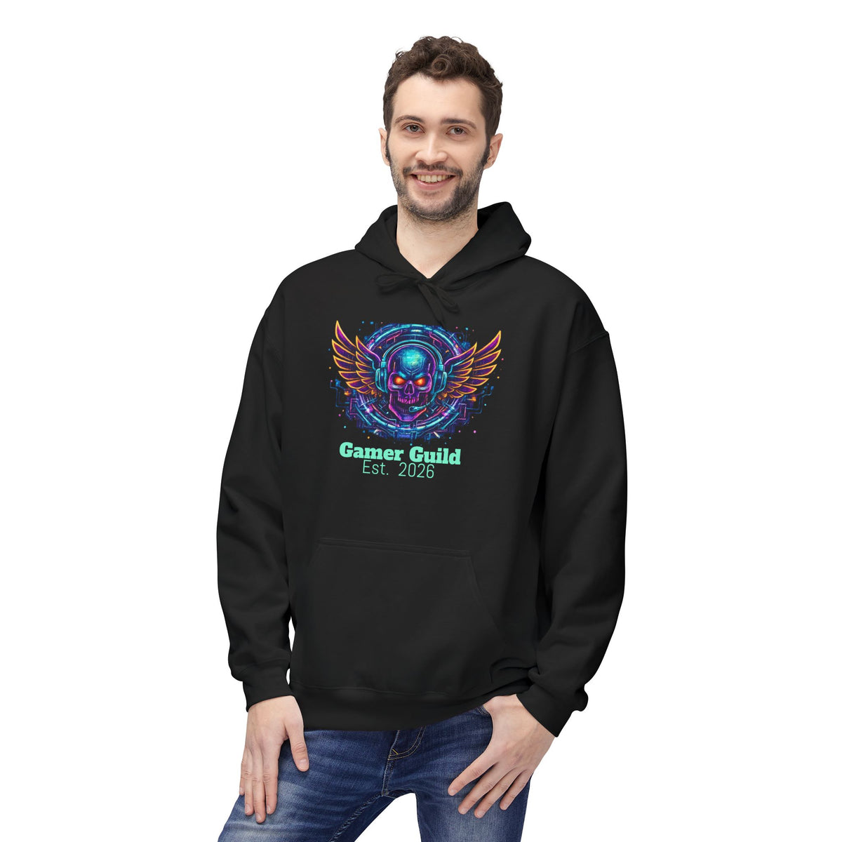 Gamer Guild hoodie Est 2026 skull wings graphic sweatshirt unisex video game