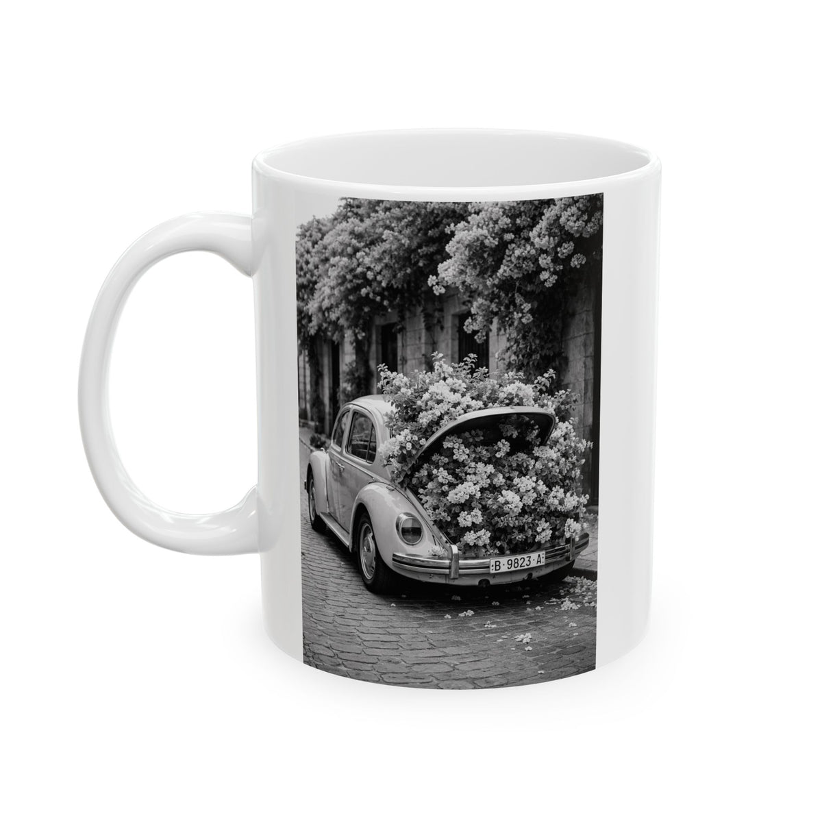 Vintage Volkswagen beetle flower mug black white where flowers bloom quote cup