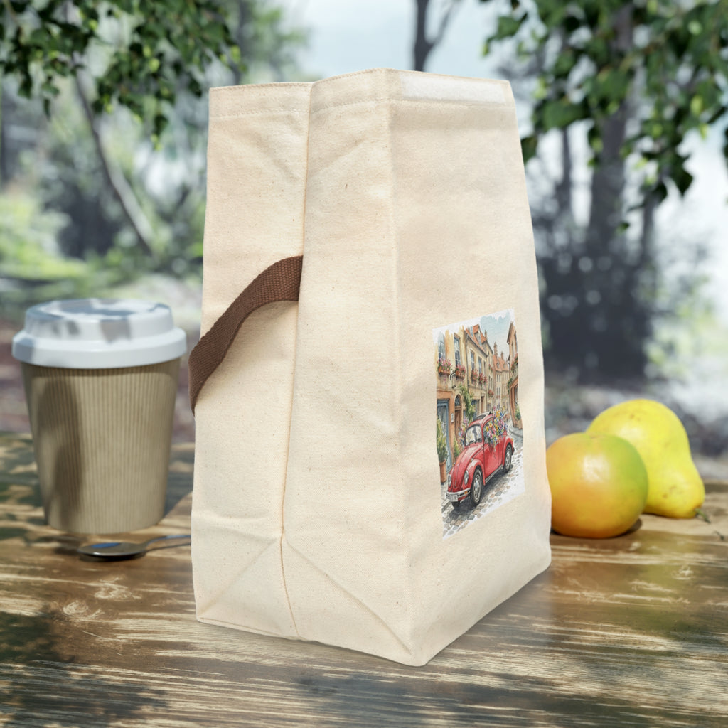 watercolor European street scene canvas lunch tote red car aesthetic lunchtime