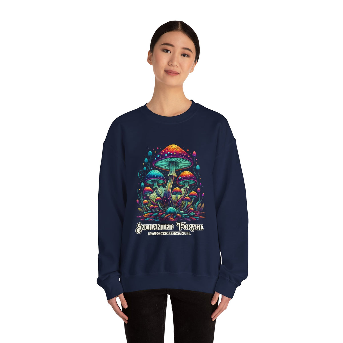 Enchanted Forage Colorful Mushrooms sweatshirt neon Psychedelic Fungi Art