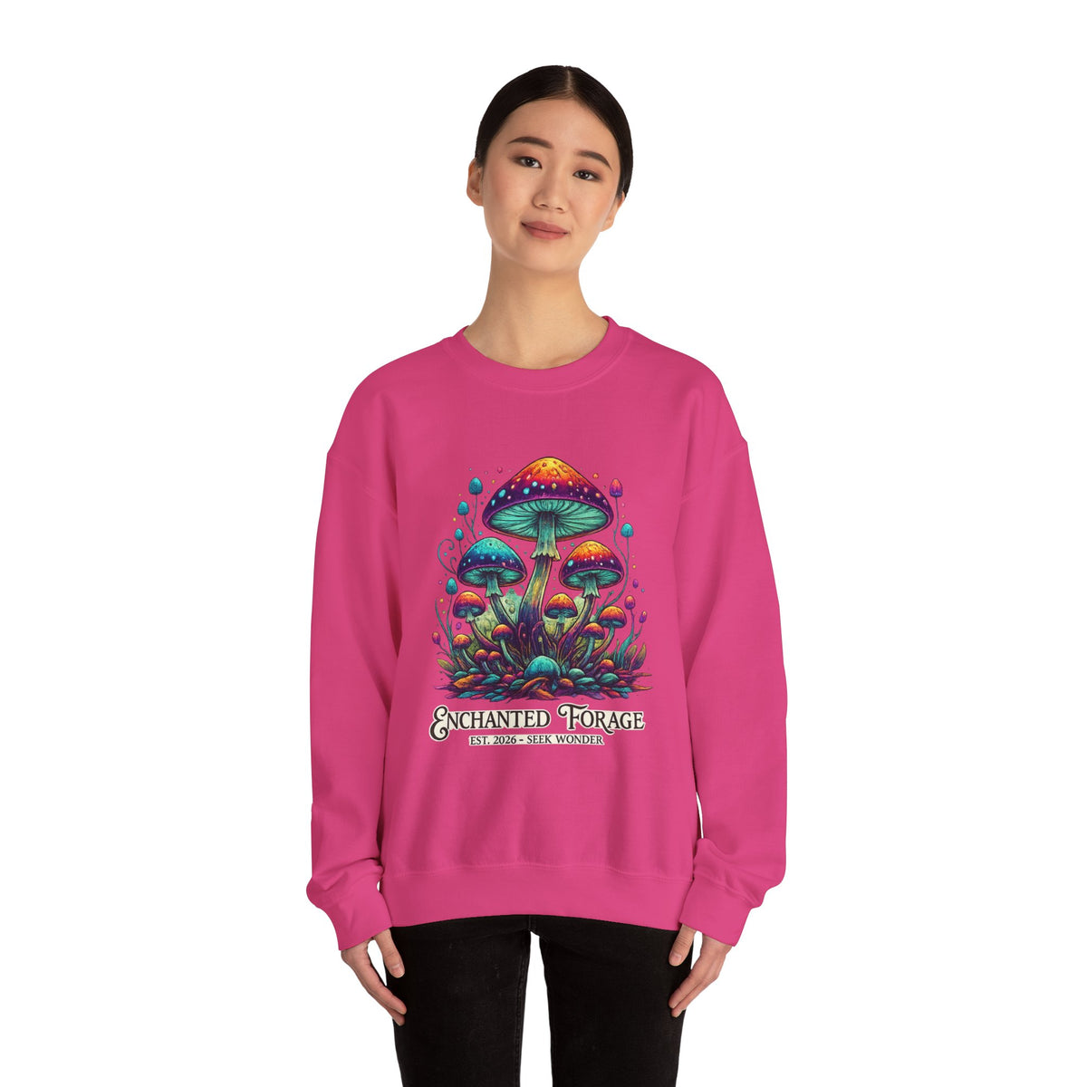 Enchanted Forage Colorful Mushrooms sweatshirt neon Psychedelic Fungi Art