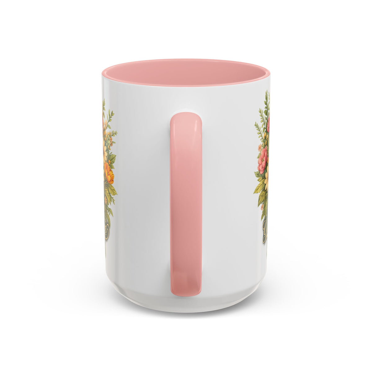 floral ceramic coffee cup pink inner and handle botanical garden gift 11oz 15oz