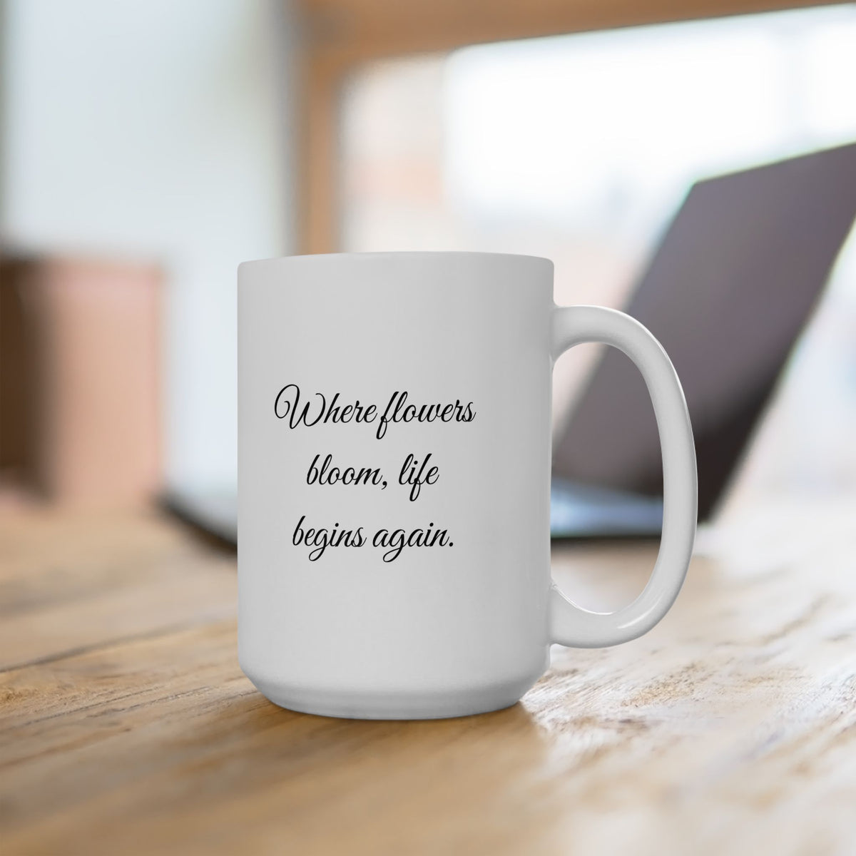 Vintage Volkswagen beetle flower mug black white where flowers bloom quote cup