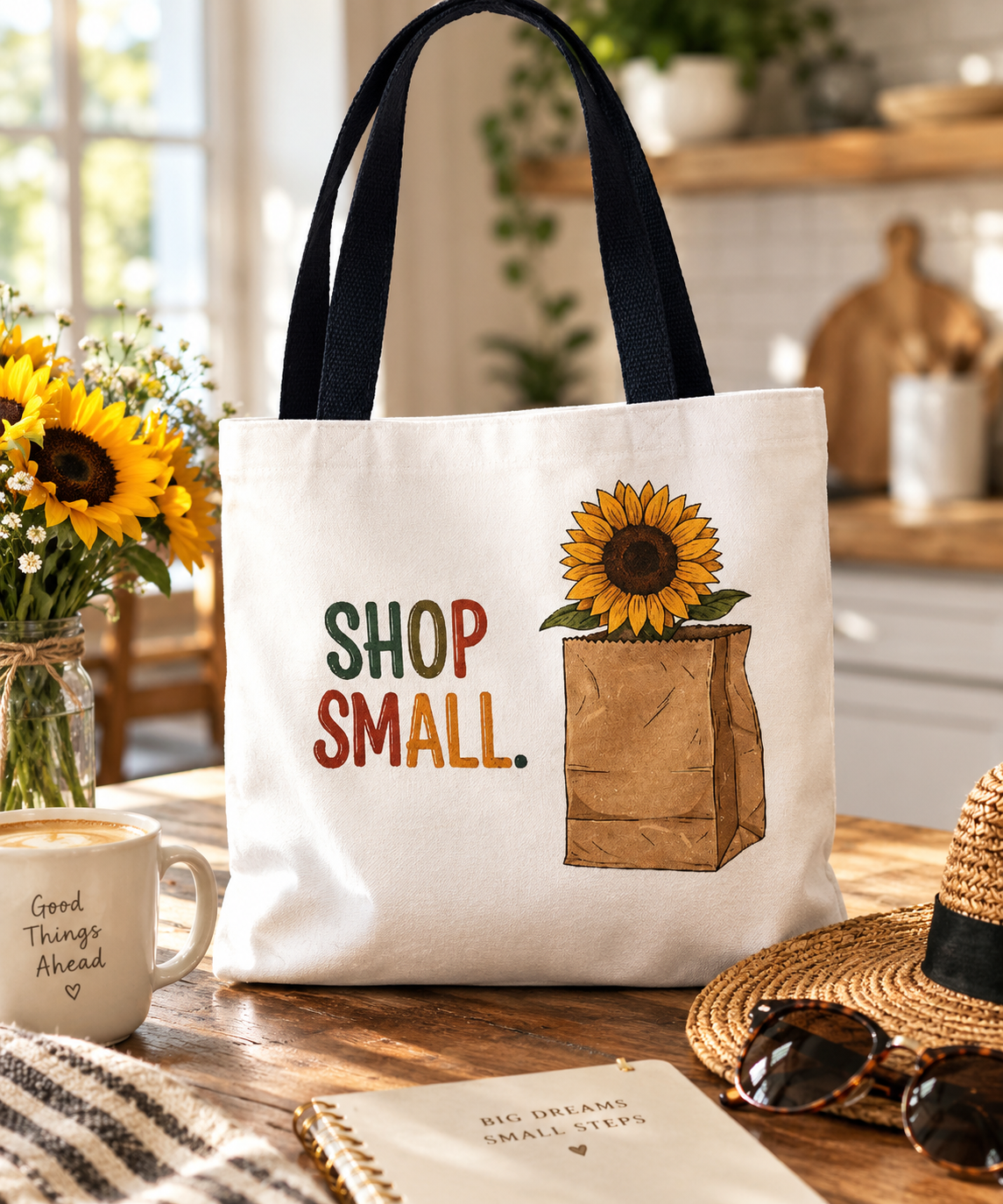 Shop Small Sunflower Tote Bag | farmers market canvas bag | 13" x 13"